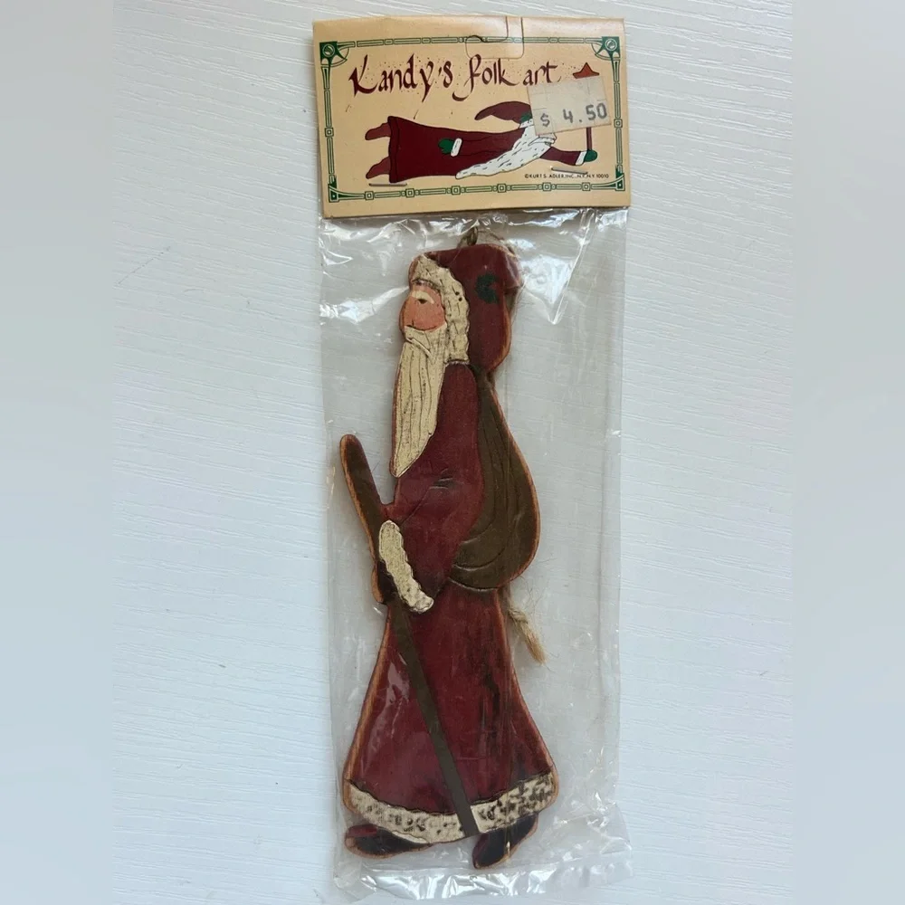 NEW Christmas Ornament Kandy’s Folk Art Wooden Santa Old World‎ Country Rustic